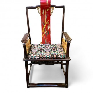 Antique wooden chair with red lacquer backrest hand-painted with flowers